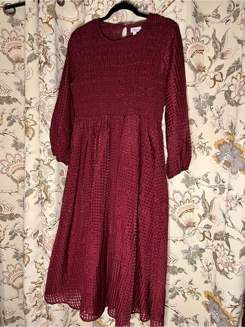 Polagram Smocked Eyelet Midi Dress-Maroon Size Large